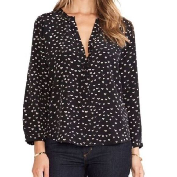 Joie Purine 100% Silk Crepe Button Down Black Top White Heart Print Blouse S EUC - Picture 1 of 14